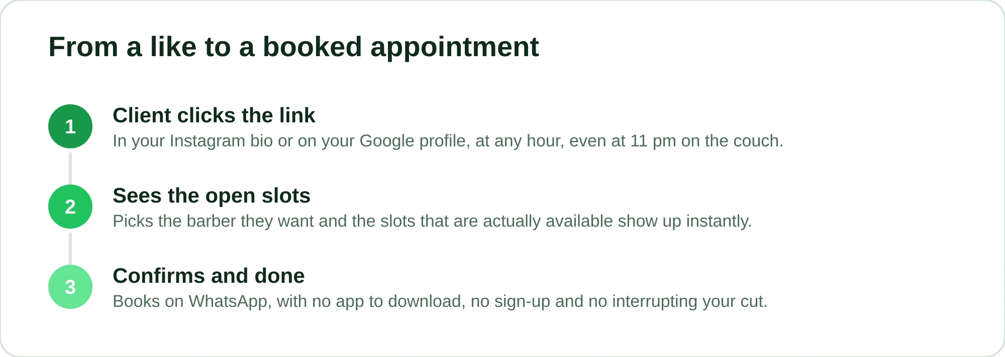 Three-step flow of a client booking through the link in the bio