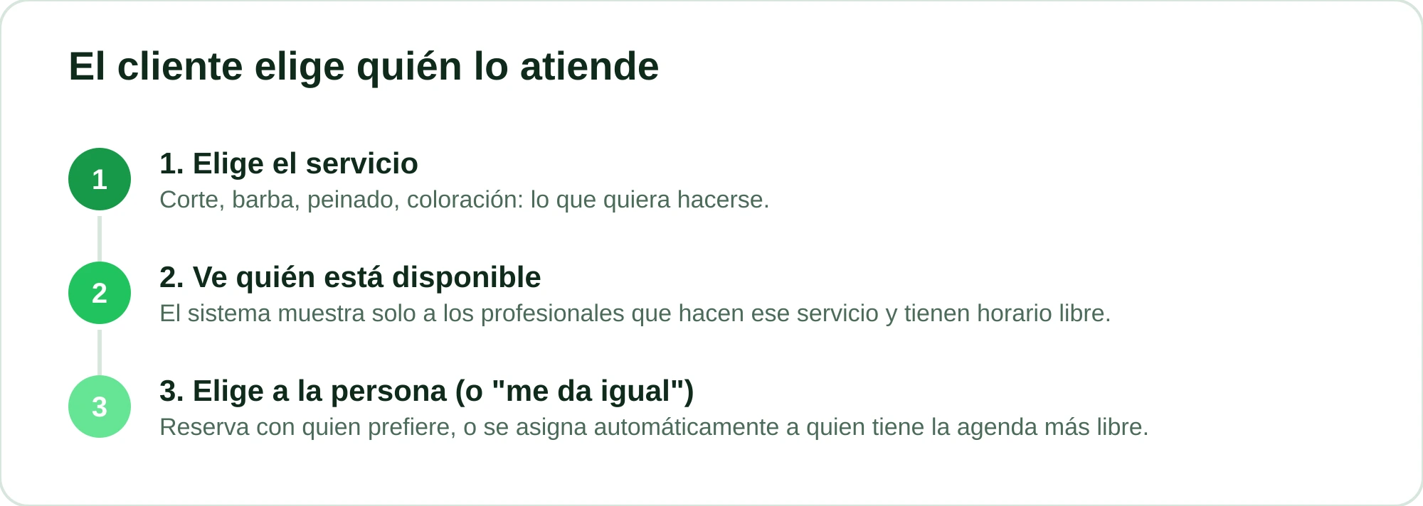 Flujo de tres pasos del cliente eligiendo al profesional al reservar